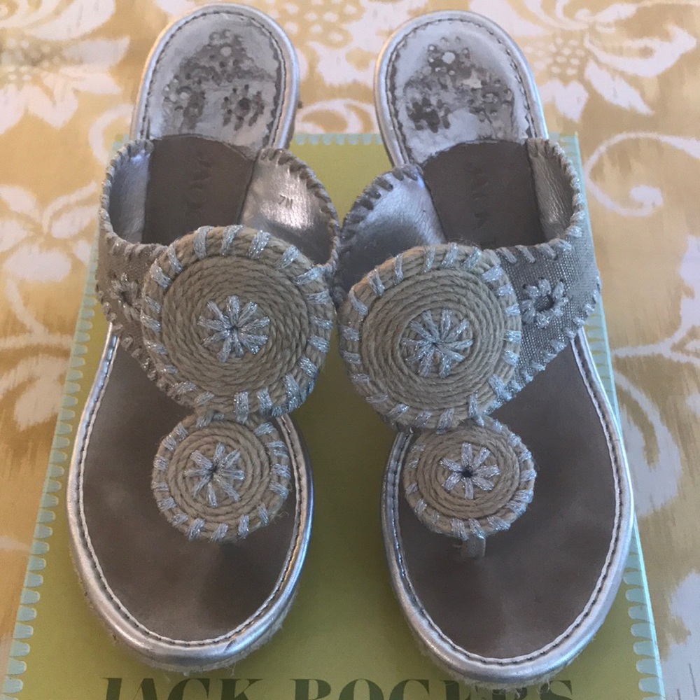 Jack Roger metalic linen stacked 4.5 inch wedges.